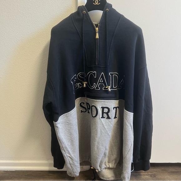 Escada Sport Vintage Bicolor Big Logo 1/4 Zip Hoodie Sweatshirt Activewear L - Picture 15 of 17
